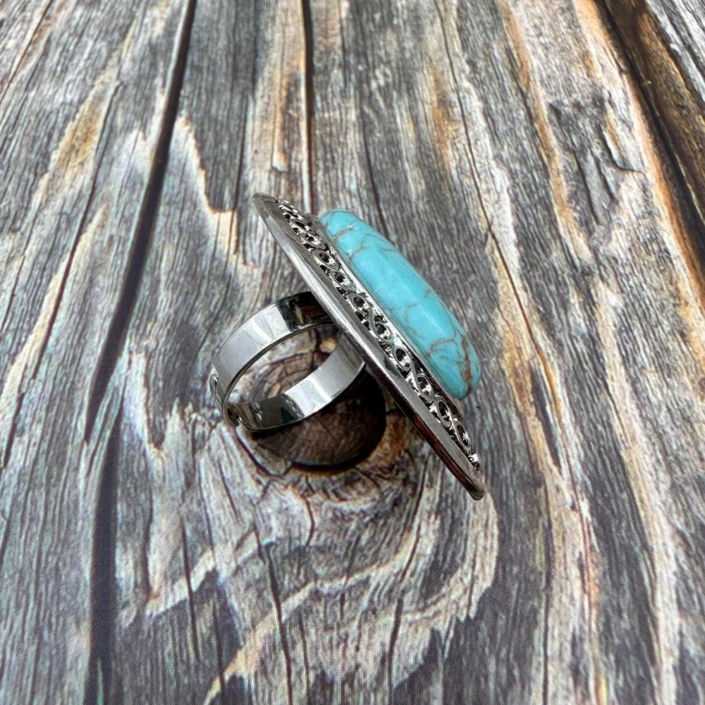 Boho Turquoise Oval Statement Ring Silver Tone Filigree Adjustable Vintage Gift